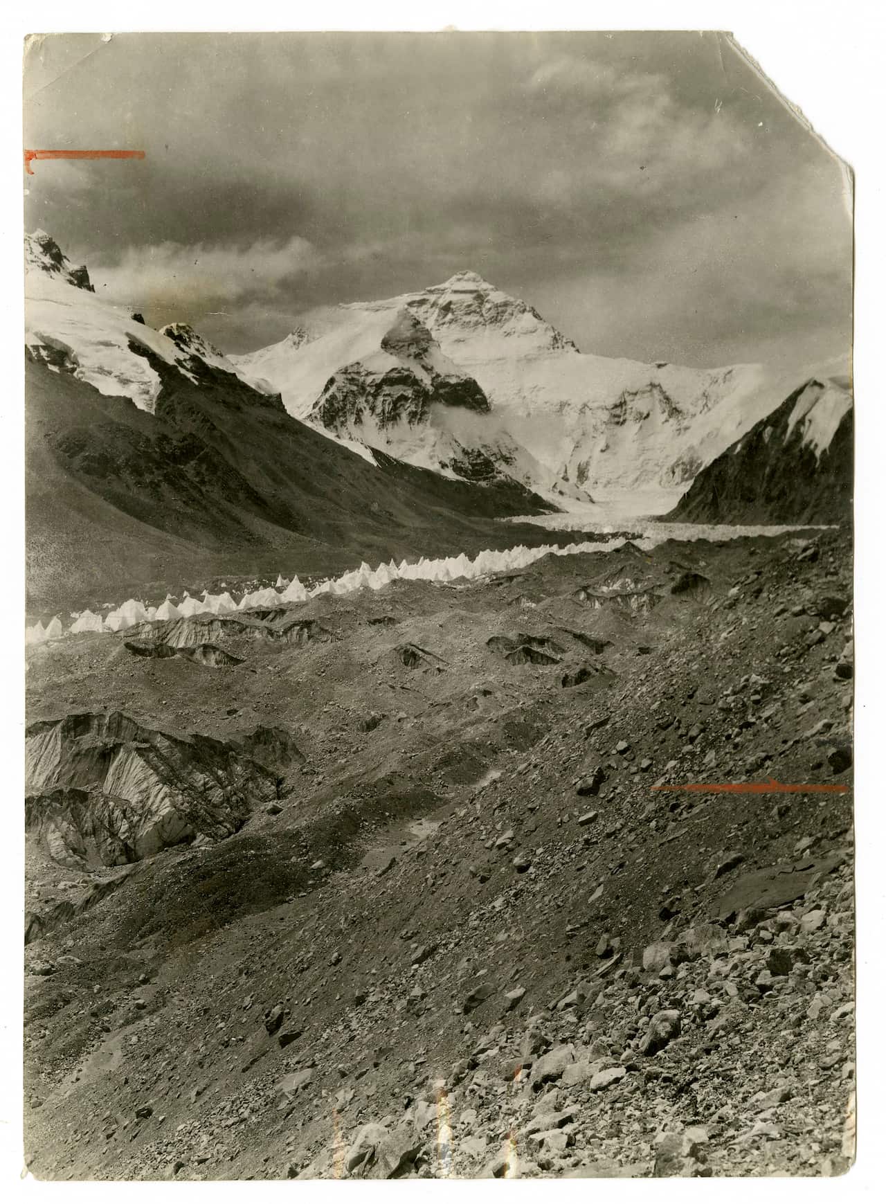 This picture of the Rongbuk Glacier, which is about seven miles from the northern slope of the mountain, was taken during the 1921 reconnaissance expedition. After determining that the northern approach was impassable, the expedition moved east.