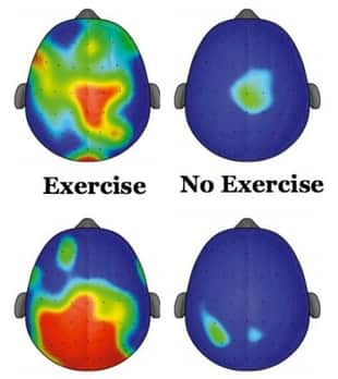 Electrophysiological plots representing brain processing capacity and mental workload (P3 amplitude) during cognitive tasks that require executive control in children in the experiment and control groups. Red represents the greatest amplitude, and blue th