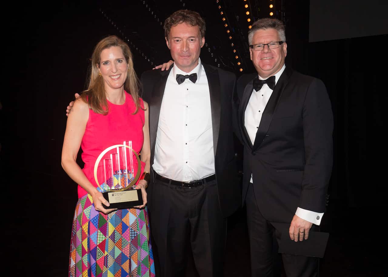 Australia's EY Entrepreneur of the Year winner Mecca founder Jo Horgan (left) with judge Christian Beck (centre) and Ernst and Young CEO Tony Johnson.