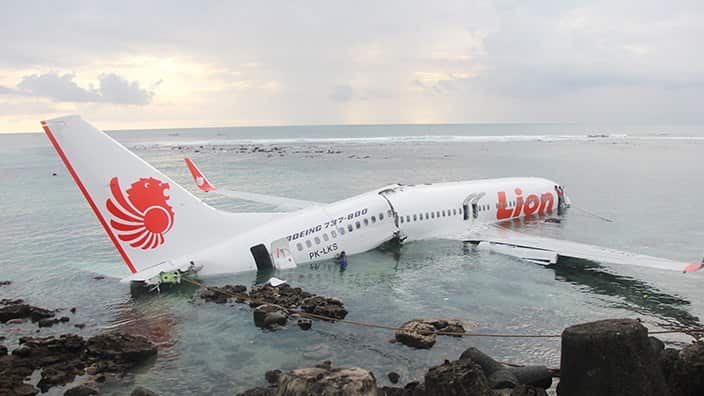 A photo of the 2013 Lion Air  crash near the coastline of Bali's Ngurah Rai International Airport, Bali, Indonesia.