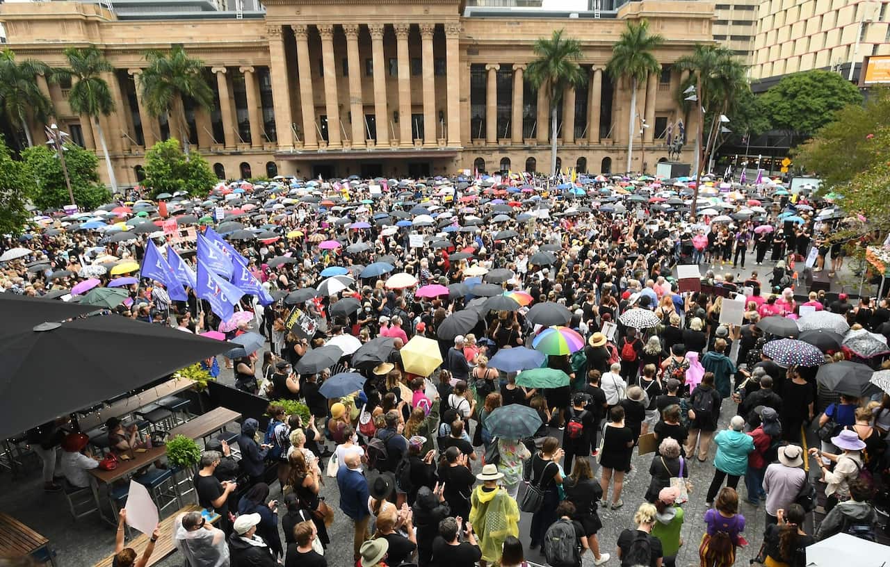 Large crowds are seen gathering for the Women's March 4 Justice in Brisbane, Monday, March 15, 2021.  