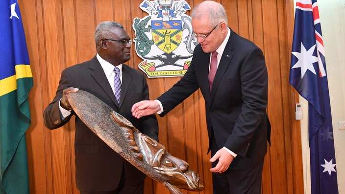 Solomons Islands Prime Minister Manasseh Sogavare (left) and Australian Prime Minister Scott Morrison meeting in Honiara