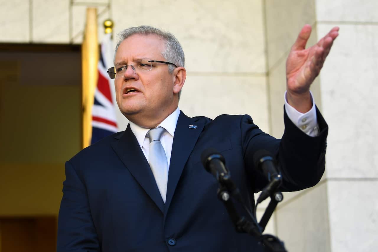 Australian Prime Minister Scott Morrison speaks to the media during a press conference at Parliament House in Canberra, Wednesday, March 18, 2020. (AAP Image/Lukas Coch) NO ARCHIVING
