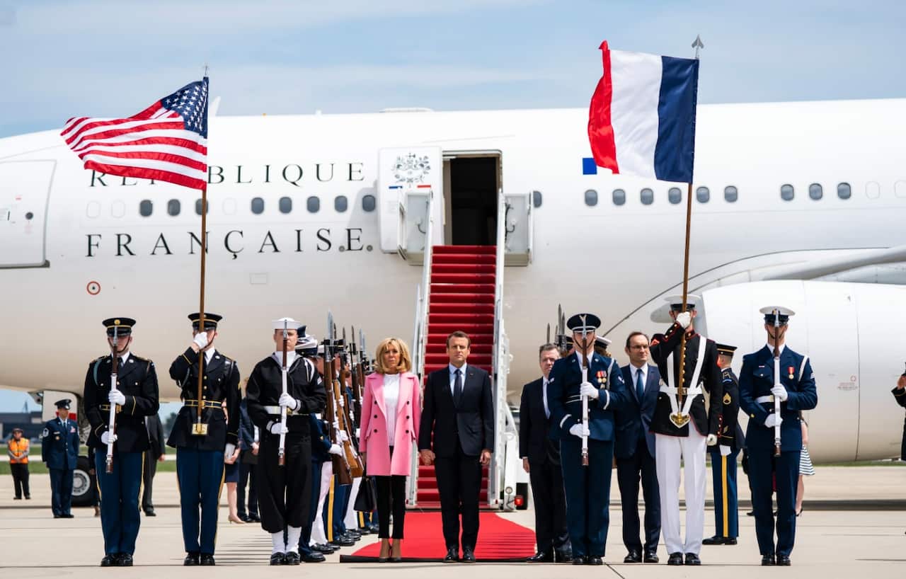 French President Emmanuel Macron and his wife Brigitte arrive at Andrews Air Force Base for the first state visit of the Trump presidency outside Washington, DC, USA