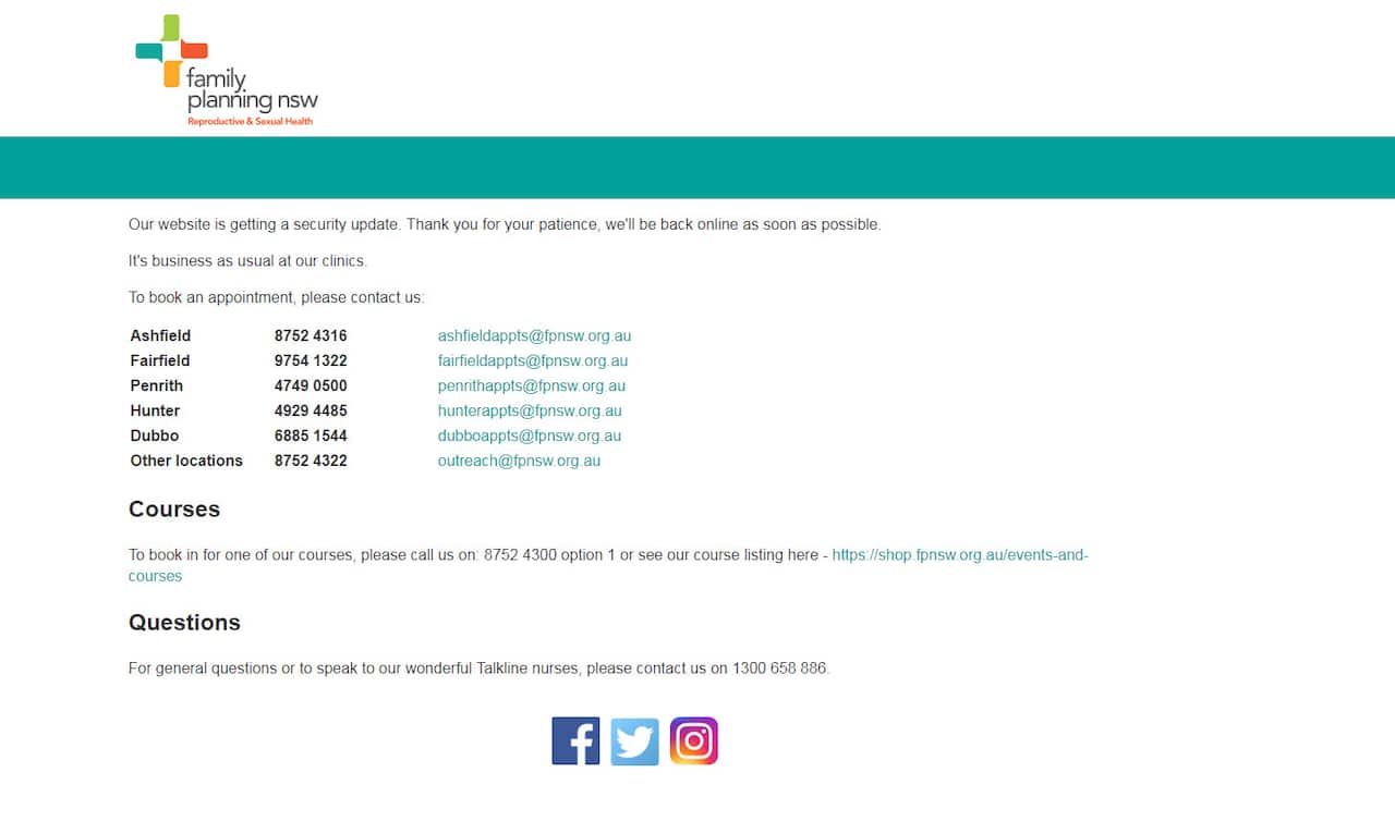 How the Family Planning NSW website appeared on Monday afternoon after the cyber-attack. 