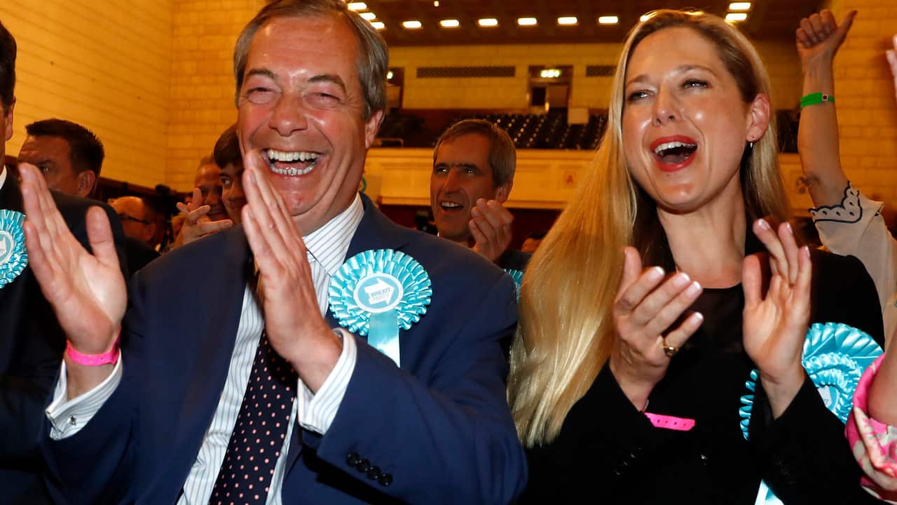 Nigel Farage reacts as results are announced at the counting centre for the European Elections for the South East England region, in Southampton.