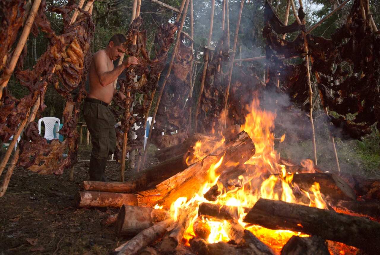 A rebel of the Revolutionary Armed Forces of Colombia, FARC, grills meat for visitors expected to arrive to the camp in the Yari Plains (AAP)