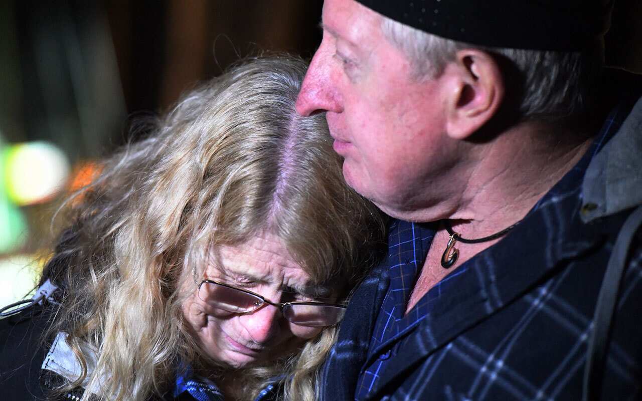 Faye and Mark Leveson, the parents of Matthew Leveson, speak to the media after human remains were found by NSW Police in bushland in the Royal National Park.