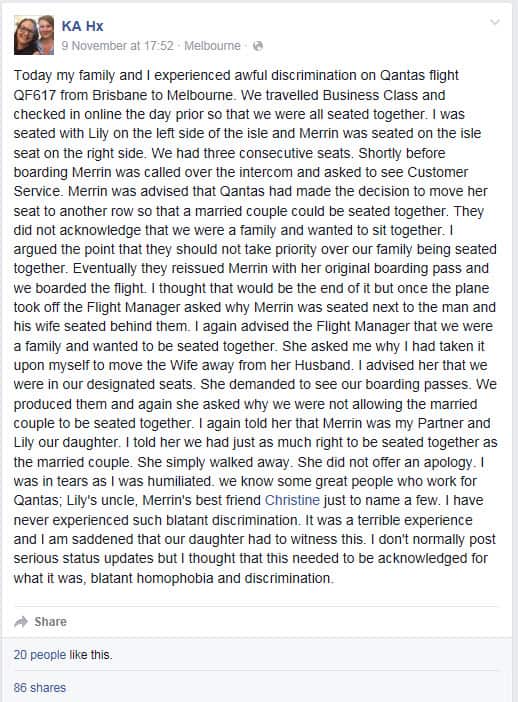 Qantas homophobia passenger gay rights