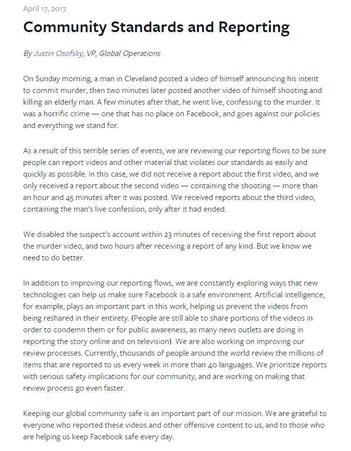 Facebook has released a statement entitled Community Standards and Reporting. Written by Justin Osofsky, the company's Vice President of Global Relations, it was released on Monday night via blog post. In the statement, Osofsky wrote that Facebook is work