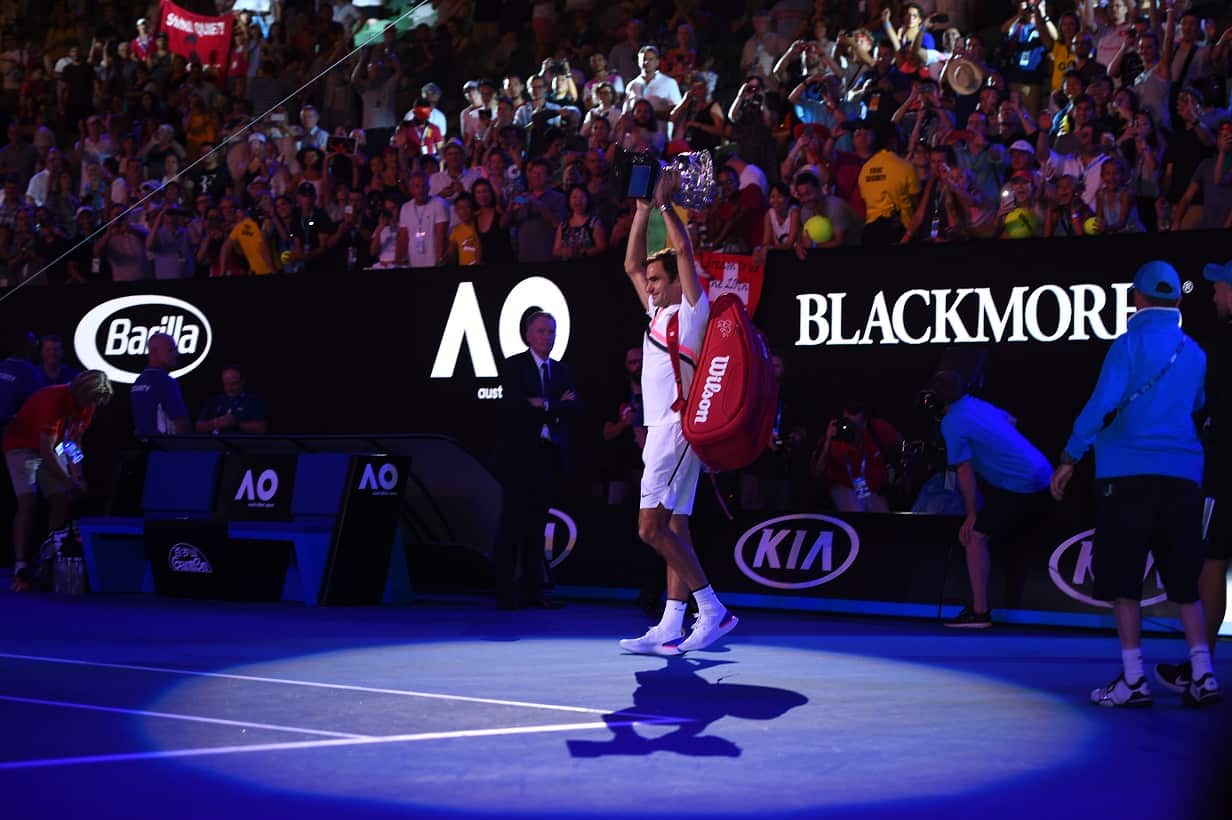 Roger Federer of Switzerland celebrates after winning the Men's Final against Marin Cilic of Croatia.