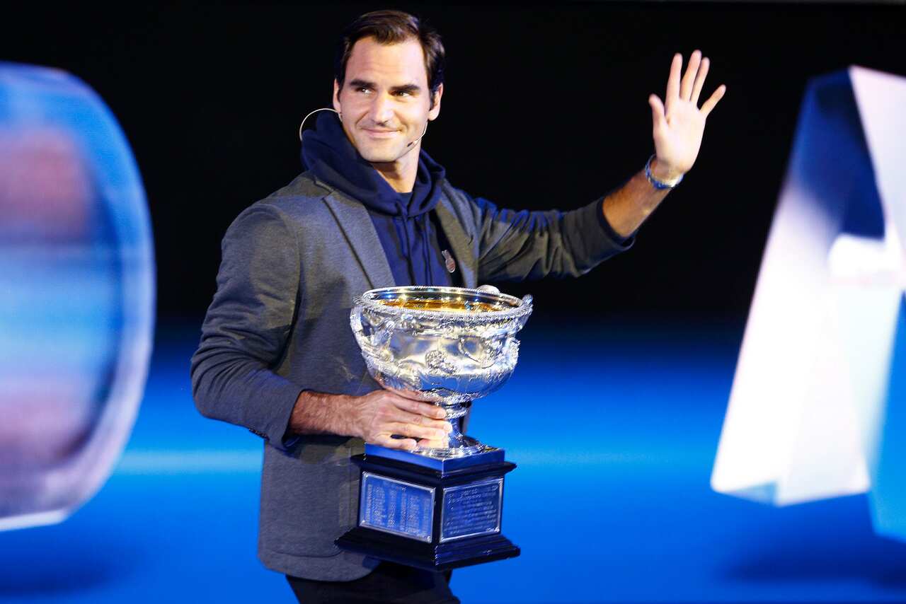 Roger Federer is seen during the Australian Open Draw at Margaret Court Arena in Melbourne on 10/1/19.