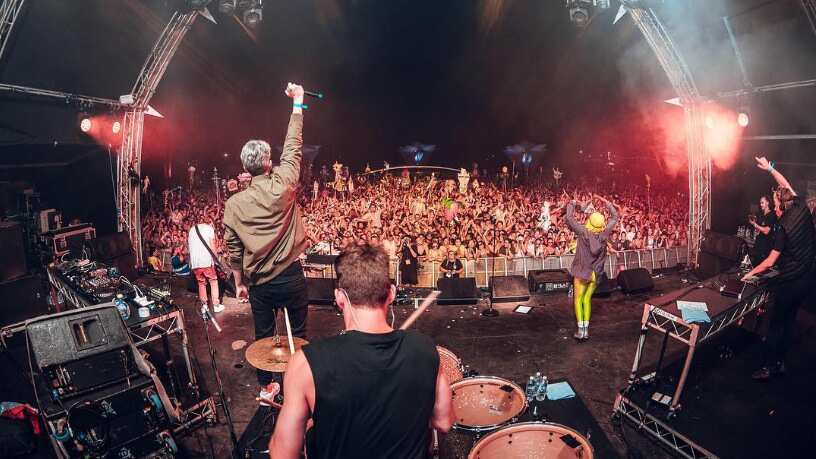 Pnau performing at the Lost Paradise Music Festival.