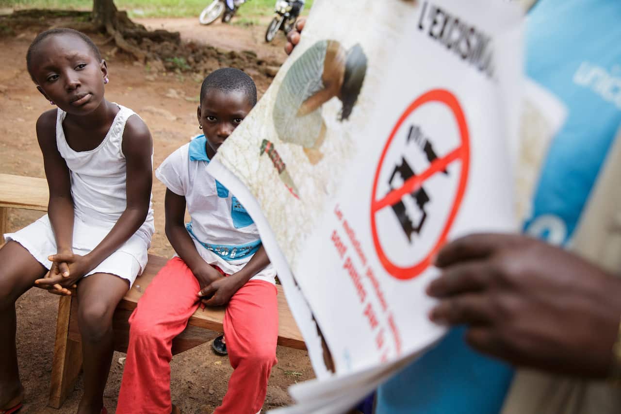 Girls attending a community meeting on female genital mutilation in the northern town of Katiola in Vallee du Bandama Region, Ivory Coast.