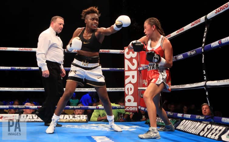 Nicola Adams (left) in action against Maryan Salazar during their International Flyweight bout at the First Direct Arena, Leeds.