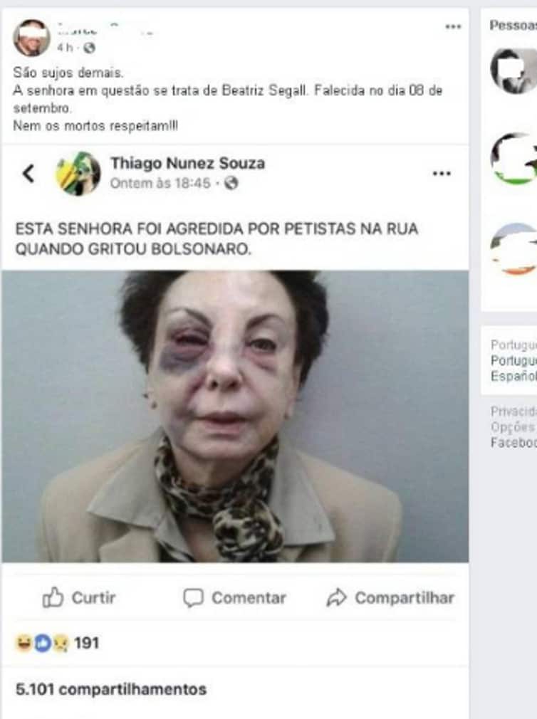 A WhatsApp message widely spread the untrue allegation that actress Beatriz Segall had been beaten up by opponents of Bolsonaro.