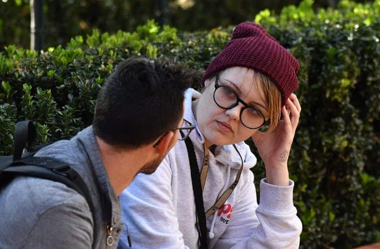 Amber Holt, with Cotton On Kids lanyard, after attempting to egg Scott Morrison on Tuesday, May 7, 2019. 