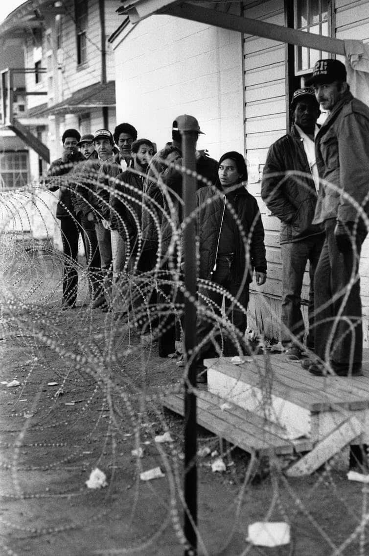 Cubans line up for processing before being sent to Fort Chaffee in 1980.