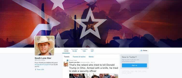 The Twitter profile of SouthLoneStar taken from the WayBackMachine.