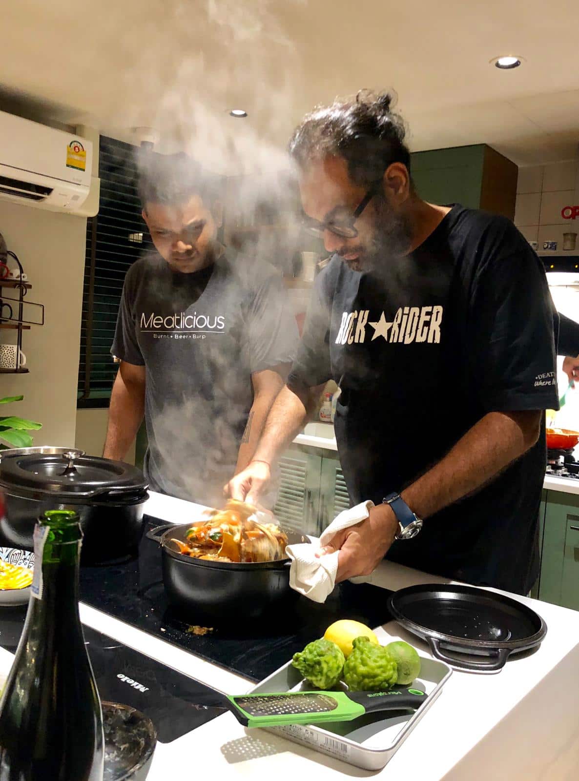 World-renowed chef Gaggan Anand (right) cooking at one of the dinners organised by DineForLanka. 