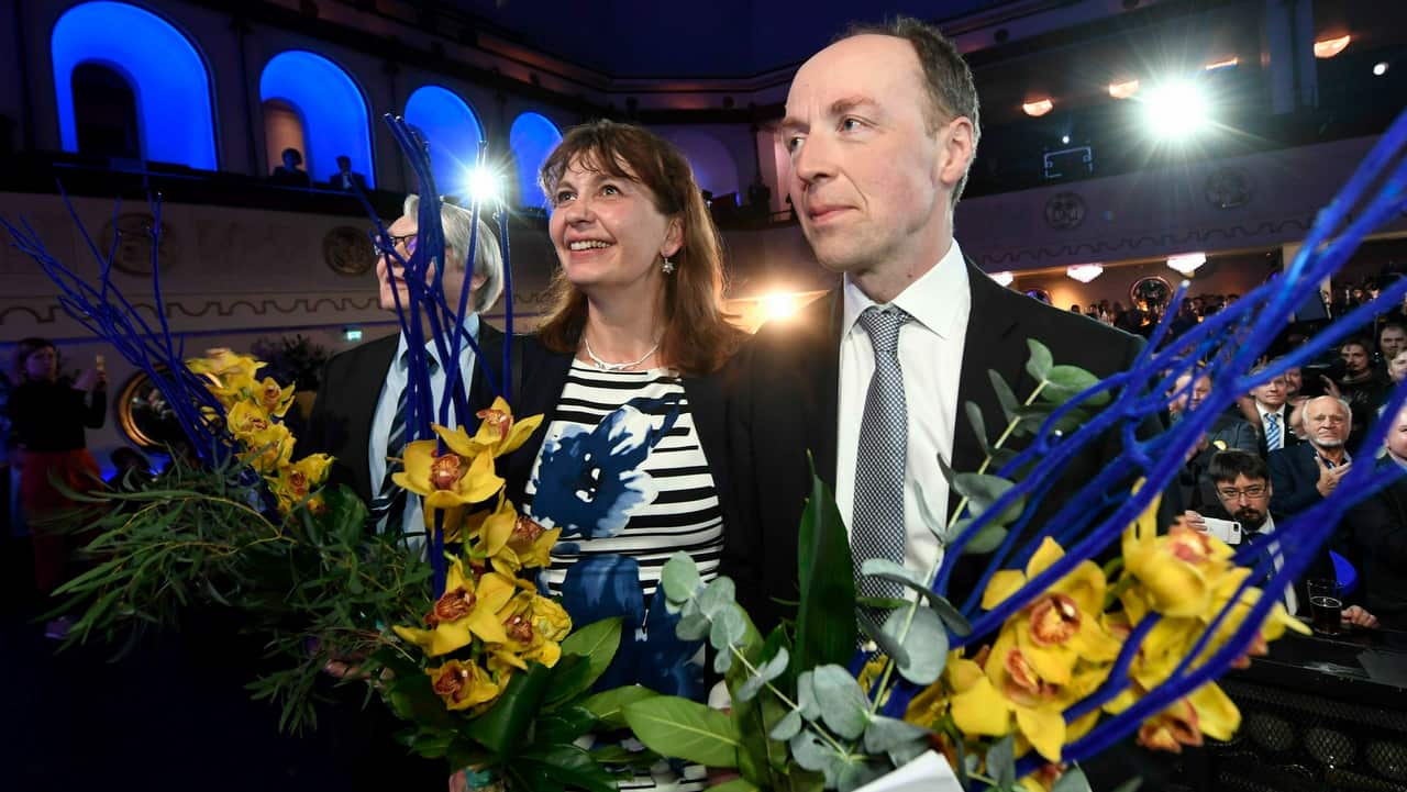 Party Secretary Riikka Slunga-Poutsalo and Chairman of The Finns Party Jussi Halla-aho attend The Finns Party parliamentary election party.