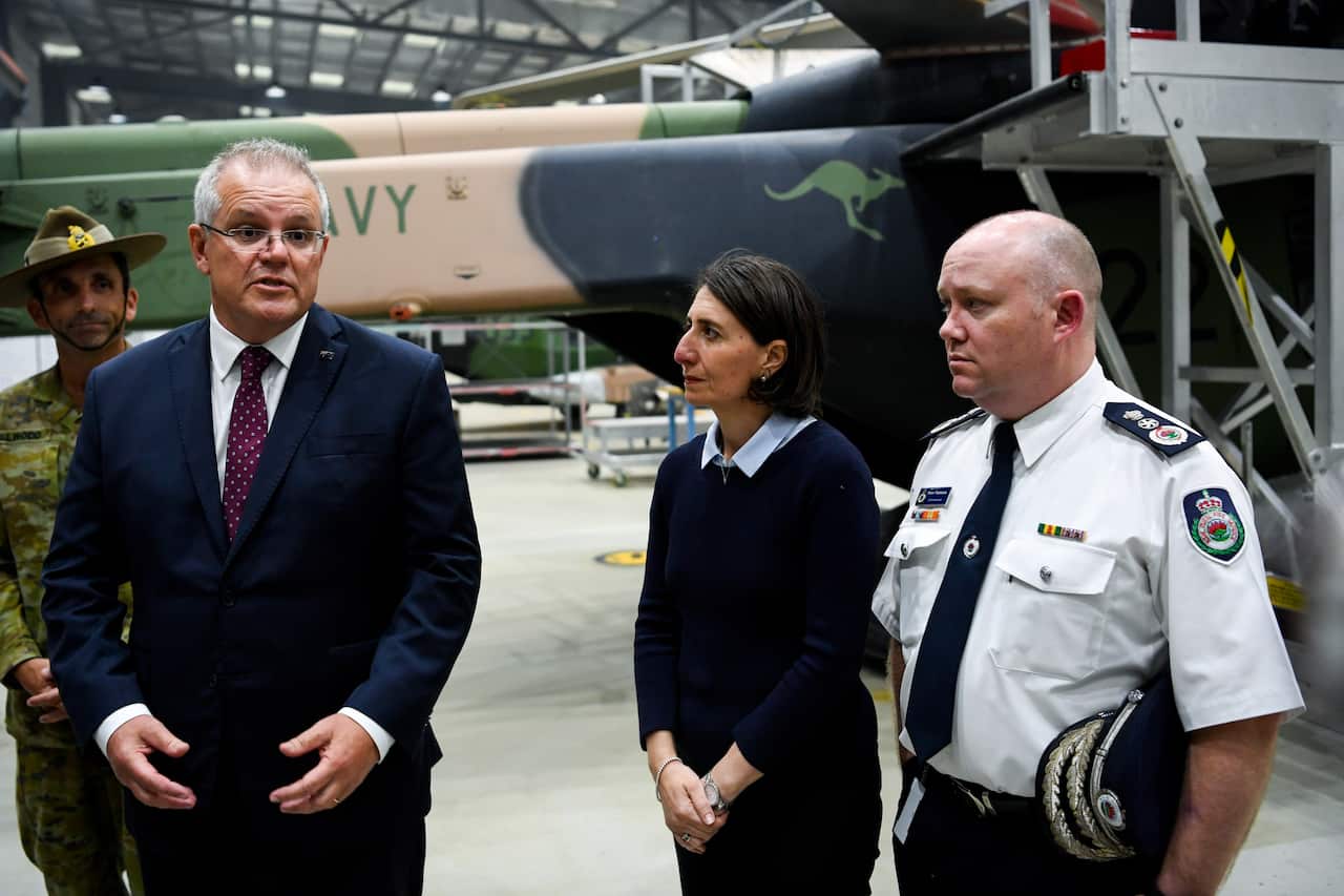 Australian Prime Minister Scott Morrison, NSW Premier Gladys Berejiklian and NSW RFS Commissioner Shane Fitzsimmons.