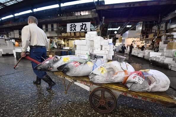 A porter transporting auctioned tuna at Tsukiji fish market in Tokyo.