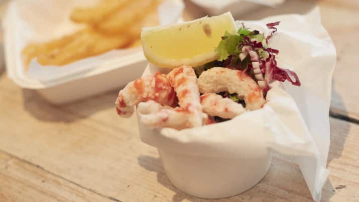 Deep-fried “prawns,” made from potatoes.