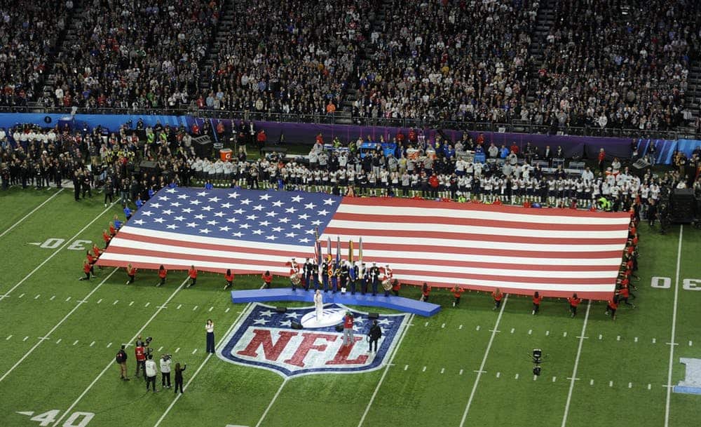 Star and stripe power: singer Pink sings the national anthem prior to Super Bowl LII in 2018. 