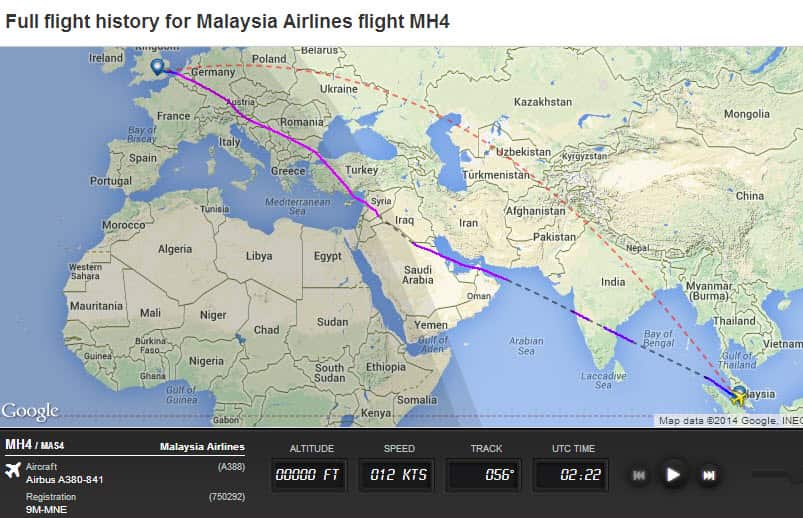 Malaysia Airlines has defended itself after confirming it diverted MH4, a London to Kuala Lumpur flight, over Syrian airspace when its usual route over Ukraine was closed in the wake of Thursday's MH17 crash. (Screenshot: FlightTrader24)