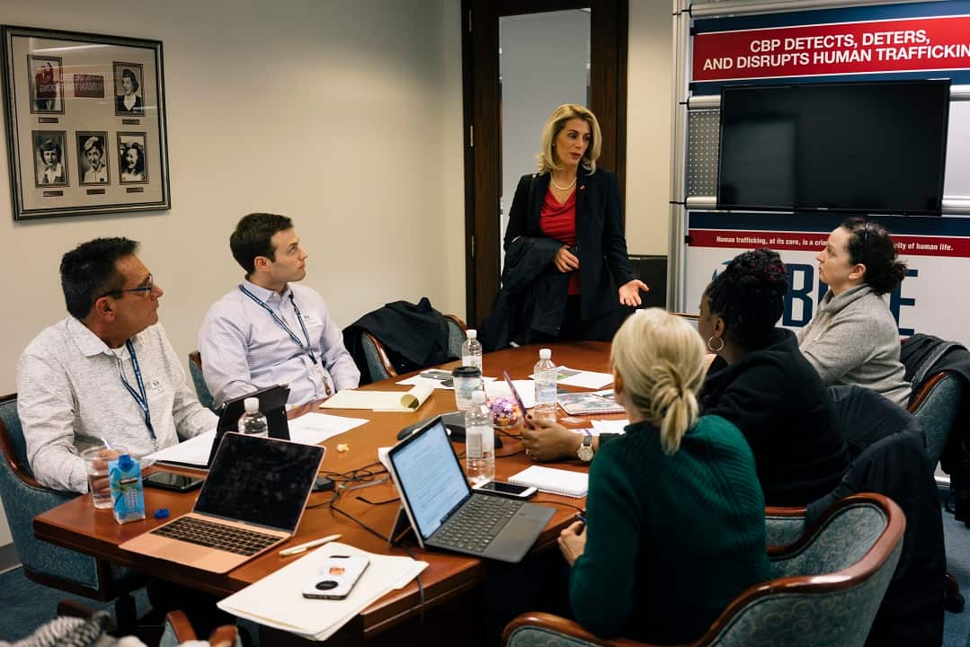 Sara Nelson, president of the Association of Flight Attendants union, speaks with staff in Washington.