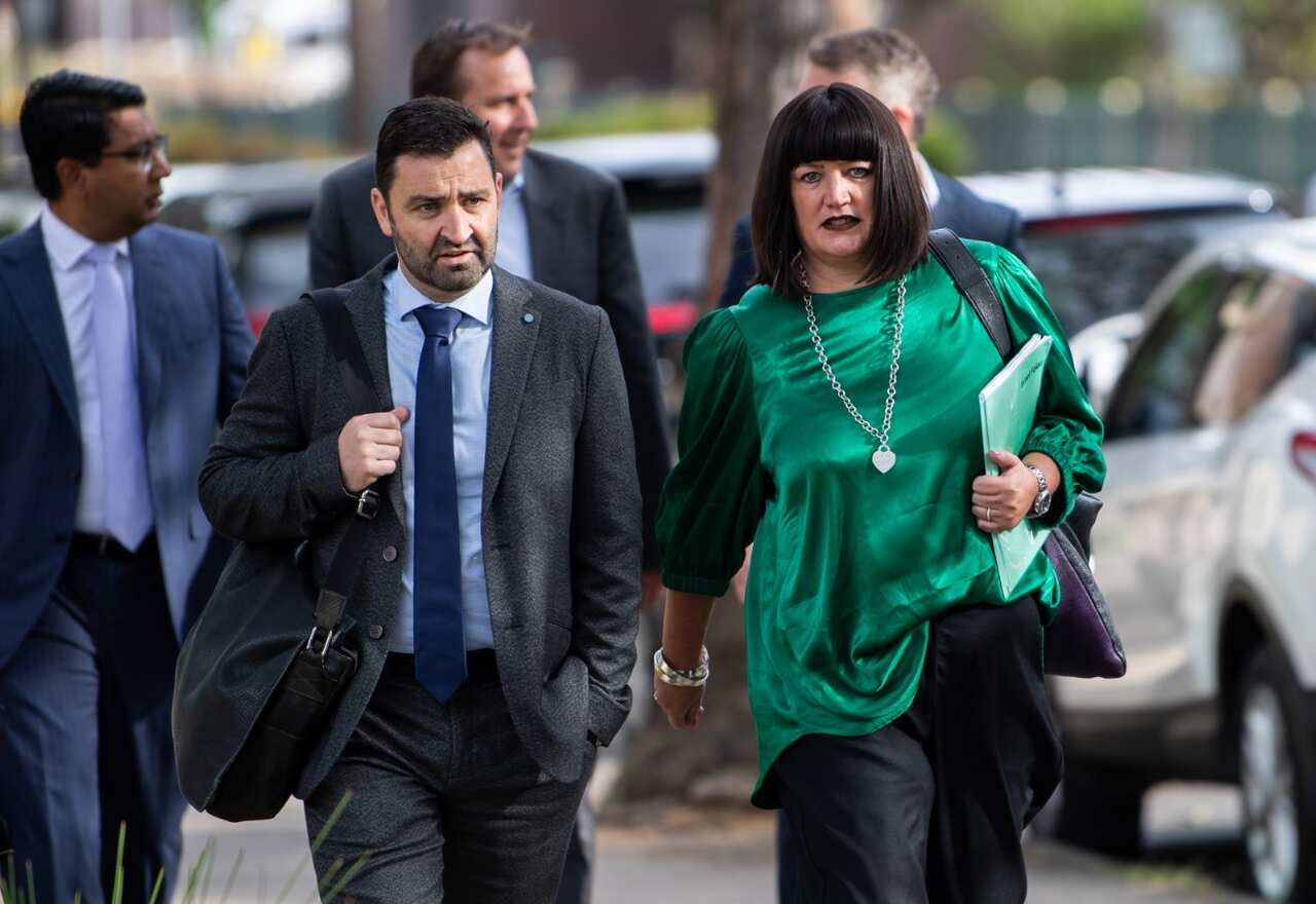 NSW Waratahs CEO Andrew Hore (left) and Rugby Australia CEO Raelene Castle (right) are seen prior to the Code of Conduct hearing