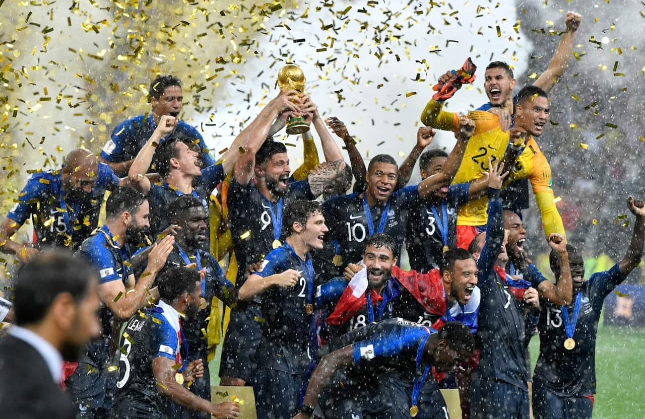 France's Olivier Giroud lifts the trophy after France won 4-2 during the final match between France and Croatia 