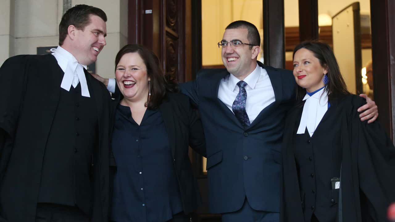 Faruk Orman (second right) with legal team Paul Smallwood (left) Ruth Parker (second left) and Carly Marcs Lloyd (right) leave the court of appeal in Melbourne.