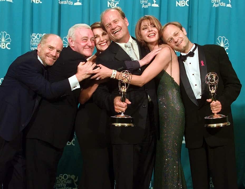 1998: The cast of 'Frasier' after taking out an Emmy for Outstanding Comedy Series.