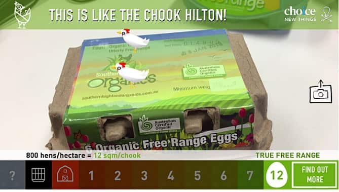 The CluckAr app in action, when a product is deemed to comply with free range standards (Choice)