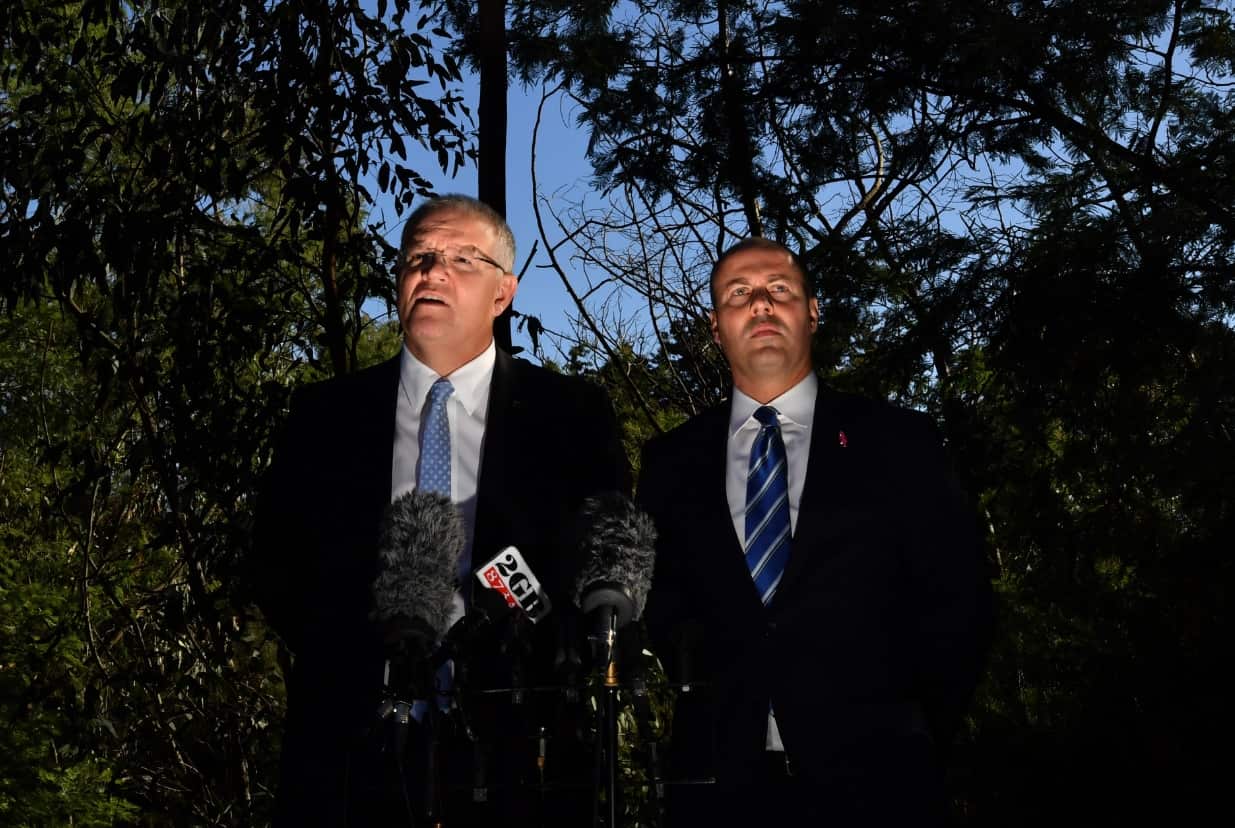 Prime Minister Scott Morrison Treasurer and Josh Frydenberg at a press conference at Studley Park in Kew, Melbourne, Friday, May 3, 2019. 