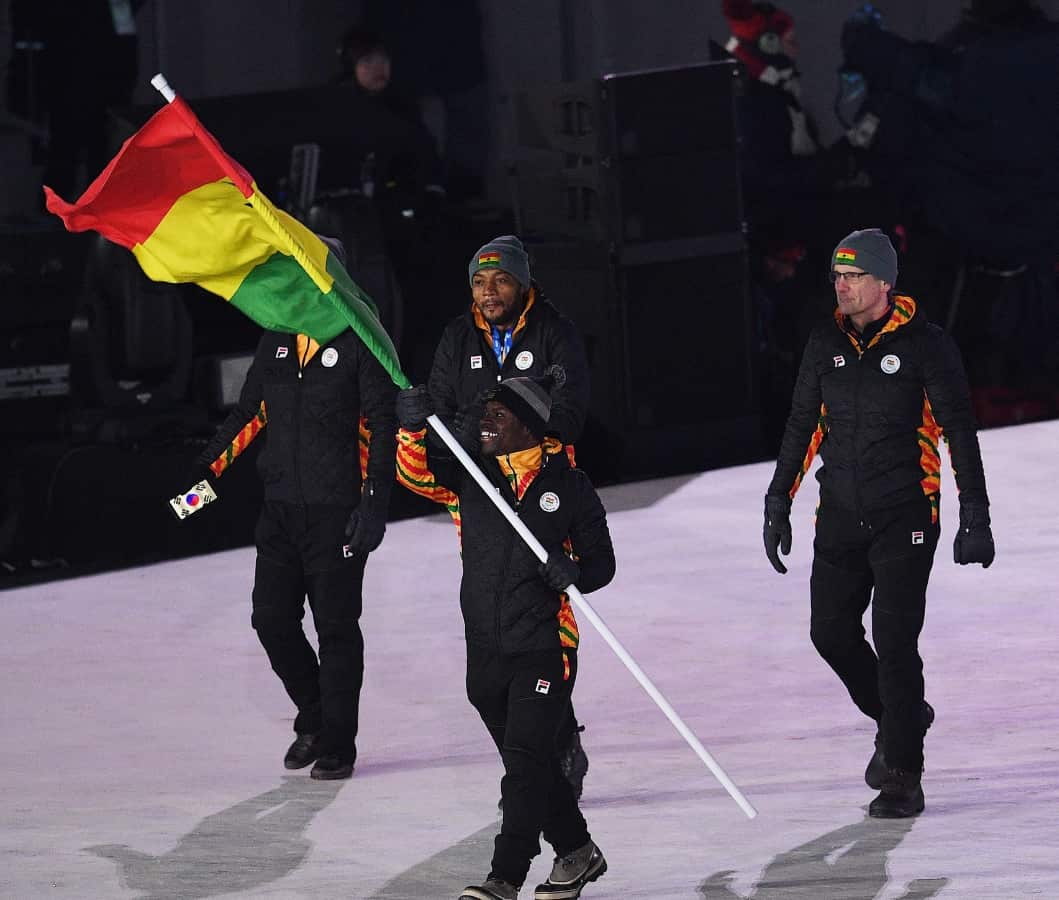 The athletes of Ghana flag bearer Akwasi Frimpong march during the Opening Ceremony of the PyeongChang 2018 Olympic Games