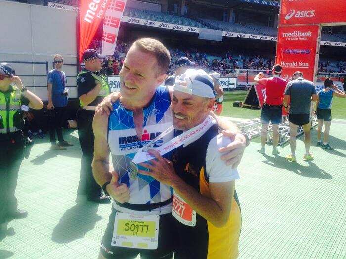 Brian Presnell after he completed his first marathon on Sunday.