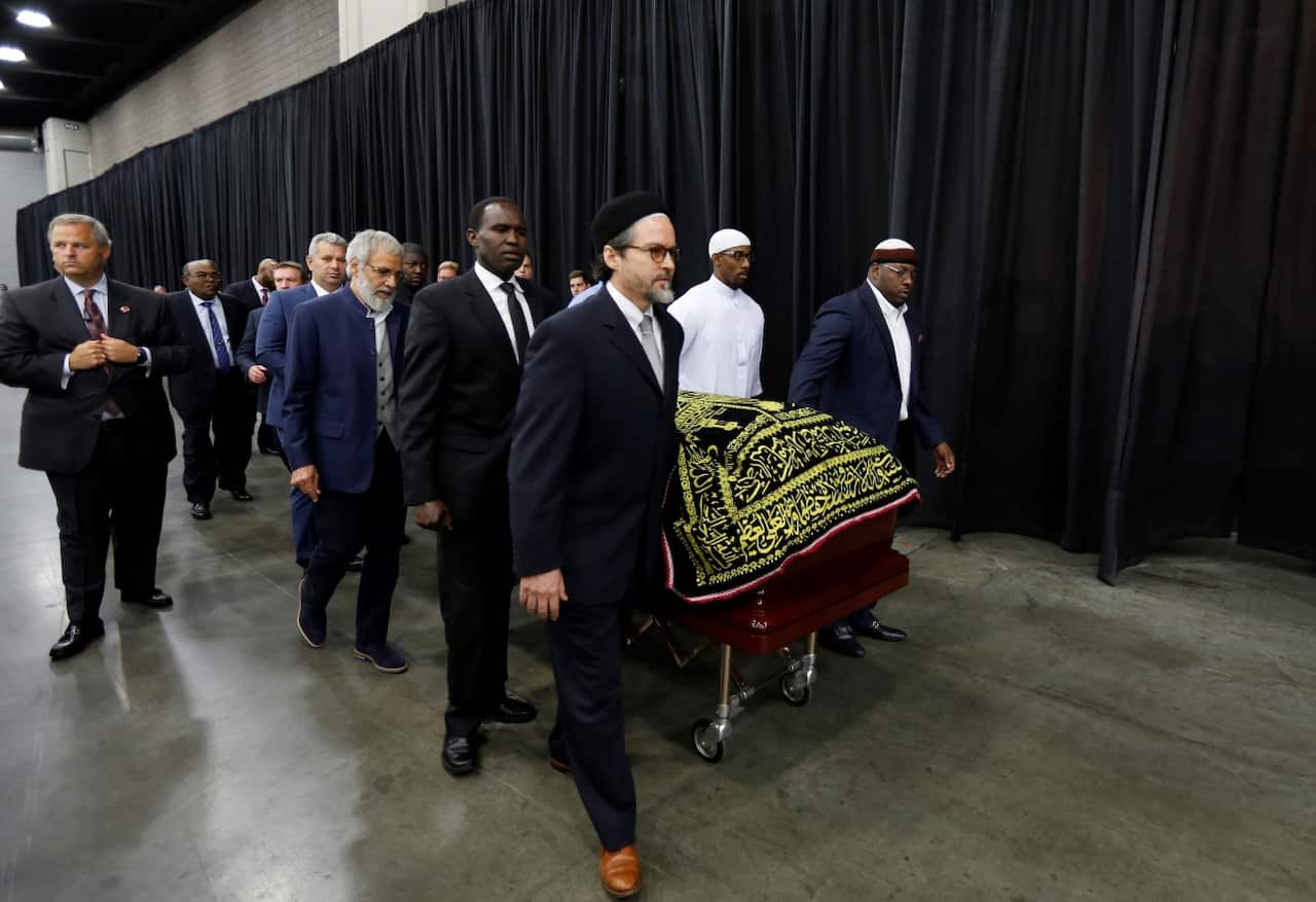 The casket of Muhammad Ali arrives for an Islamic Funeral Prayer service at the Kentucky Exposition Centre (Getty)