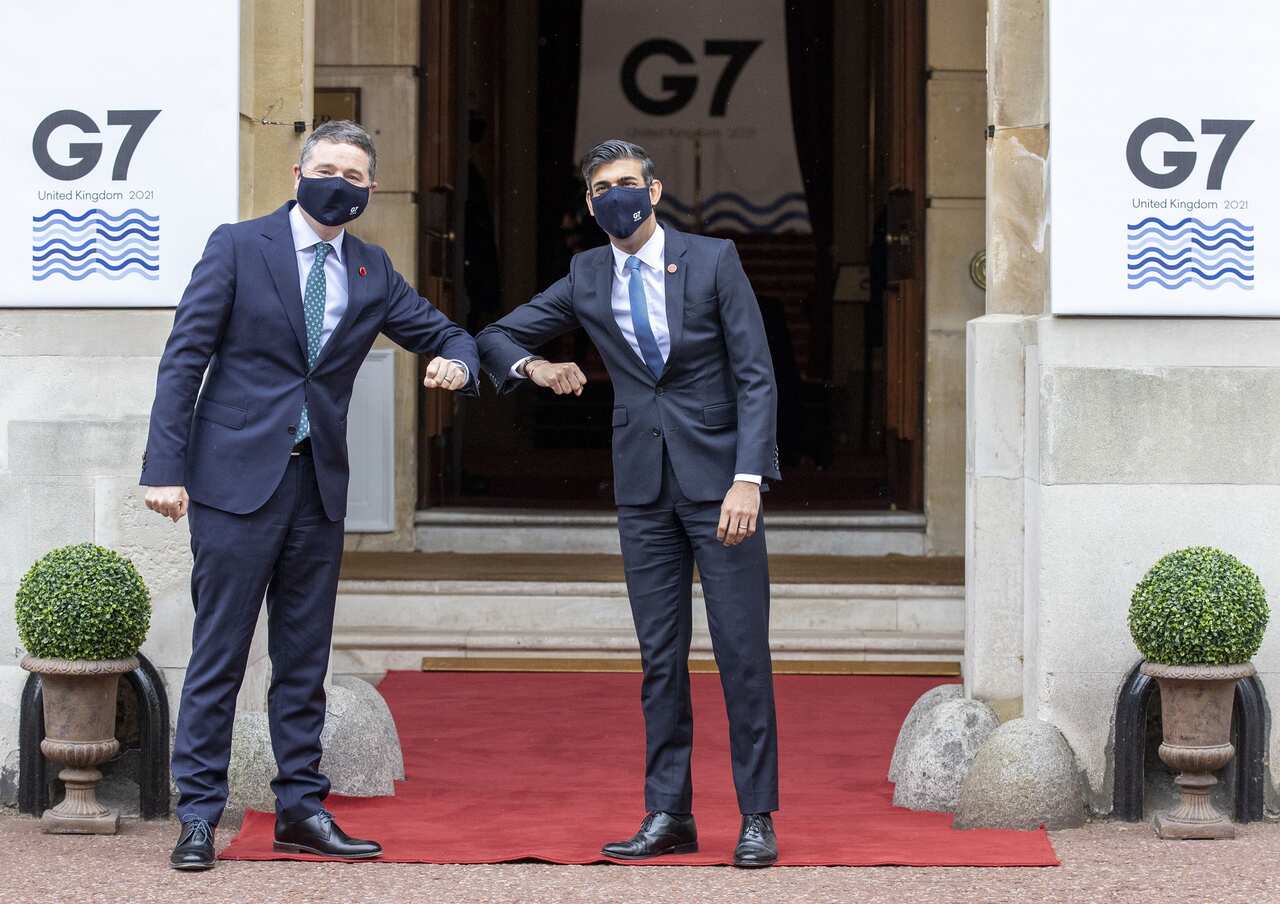 Chancellor of the Exchequer Rishi Sunak (right) welcomes Paschal Donohoe from the Euro Group, to the G7 finance ministers meeting at Lancaster House in London.