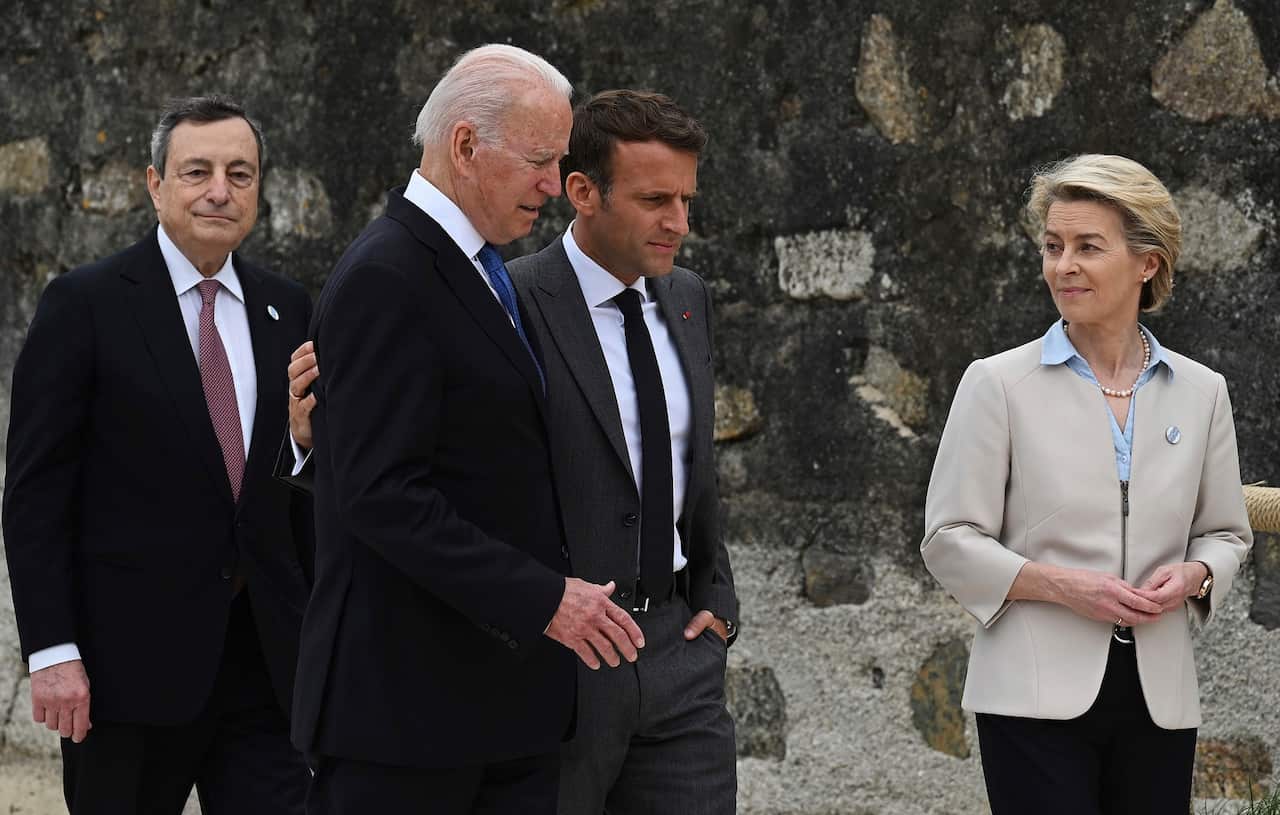 From the left: Italian Prime Minister Mario Draghi, US President Joe Biden, President of France, Emmanuel Macron and European Commission Ursula von der Leyen.