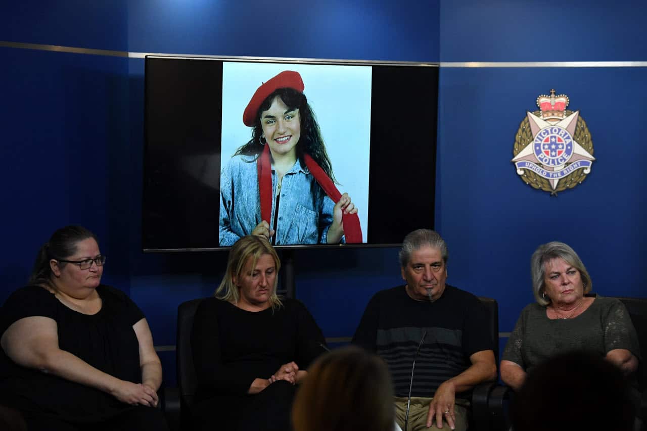 Allison Gorman, Kathleen Gat, Victor Gatt and Cheryl Gatt during at a press conference at the Victoria Police Centre in Docklands, Melbourne, Tuesday, March 13, 2018.