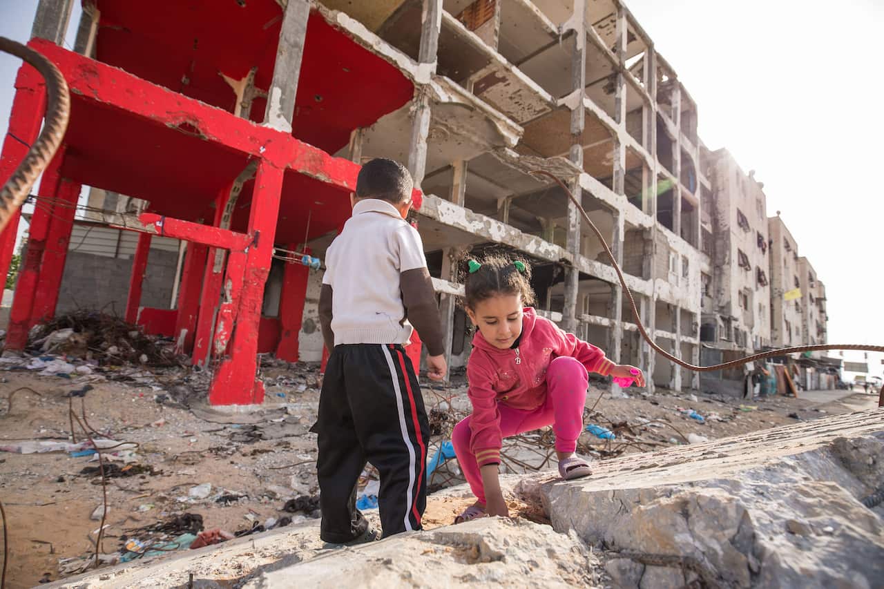 Children play in the rubble of damaged buildings in Beit Lahiya Northern Gaza.