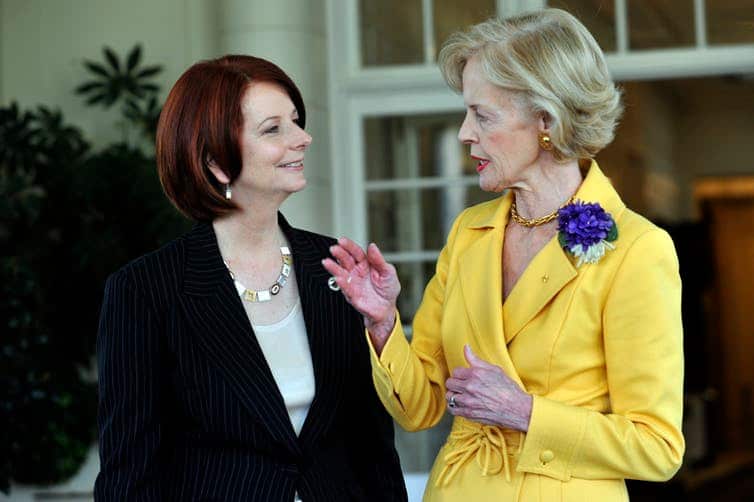 Julia Gillard speaking with Governor General Quentin Bryce after being sworn in as prime minister in 2010.