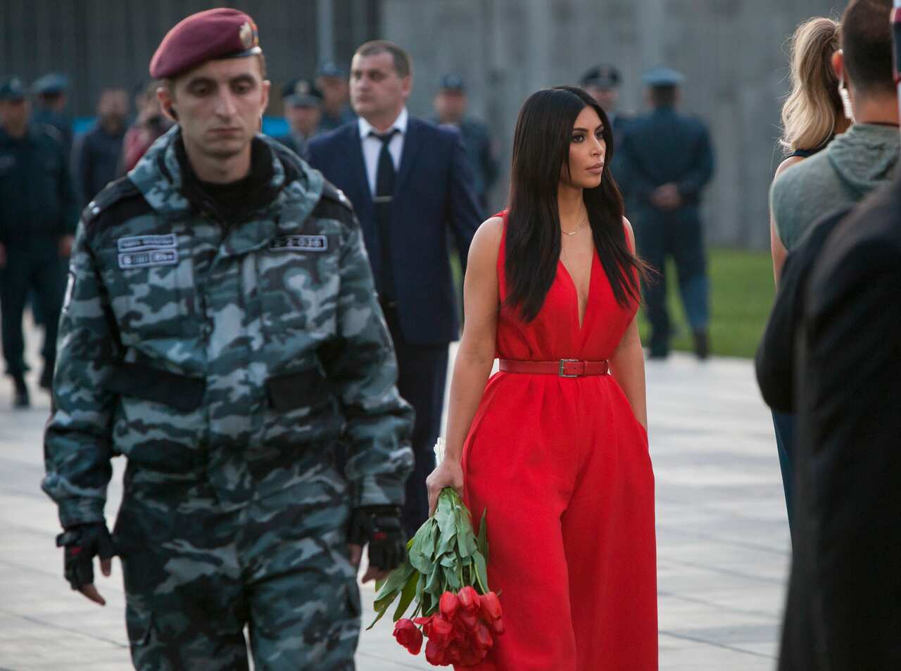 Kim Kardashian, who is of Armenian heritage, heads to lay flowers at the memorial to the victims of genocide, as part of commemorations for the mass killings. 