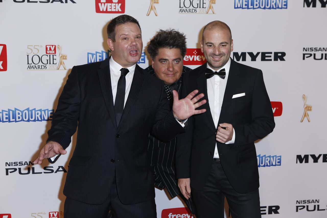 George Calombaris with his Master Chef co-hosts Gary Mehigan and Matt Prestson  at the 2013 Logie Awards.