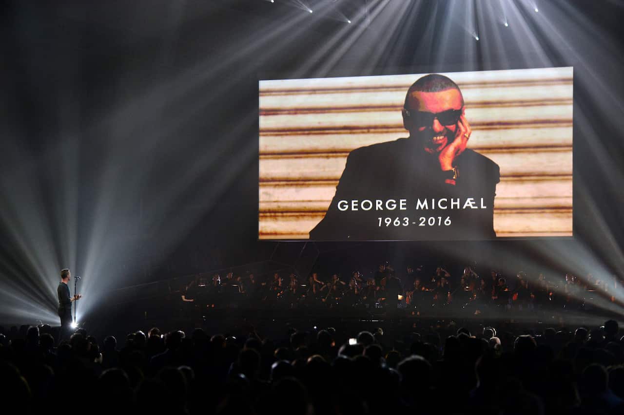 Coldplay's Chris Martin performs a tribute to George Michael on stage at the Brit Awards held on February 22, 2017.