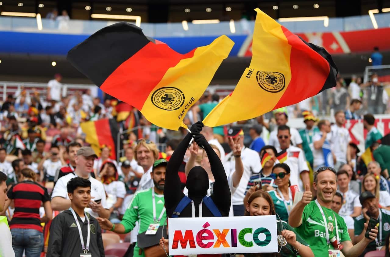 Fans of Mexico and Germany enjoy the pre match atmosphere prior to the 2018 FIFA World Cup Russia group F match