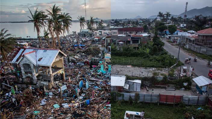 A view of the destroyed coastline in Taclaban City on November 17, 2013 in Leyte, and the same view a year on. (Getty Images/SBS)